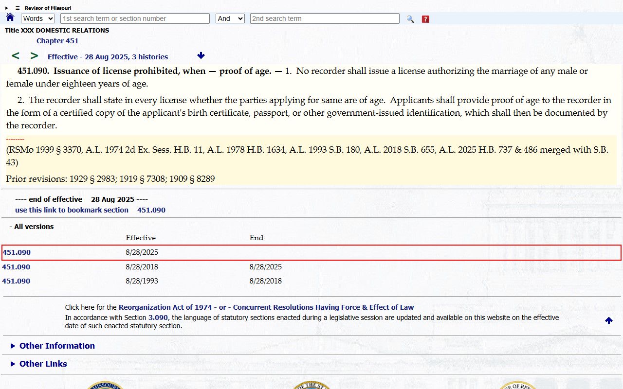 Ripley County clerk records Missouri marriage license statute