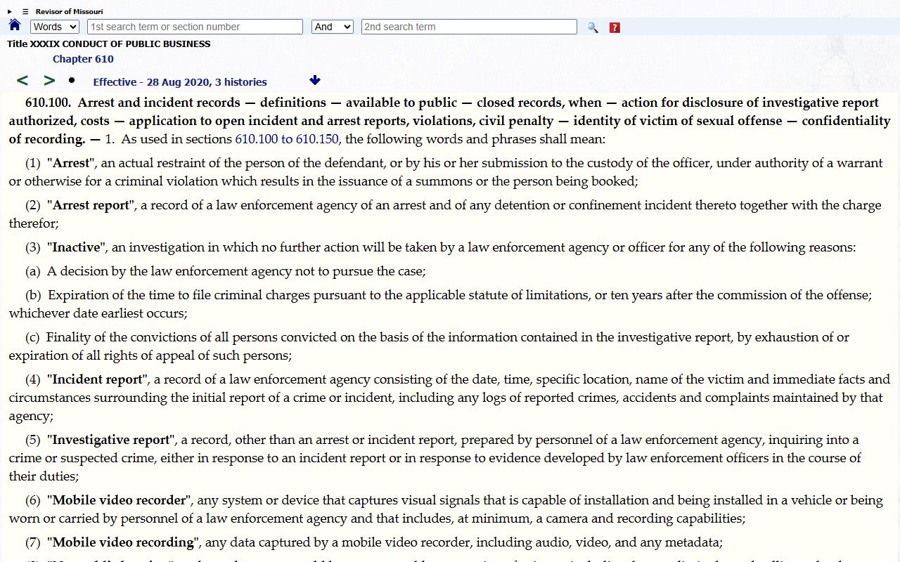 Ripley County arrest records Missouri section 610.100 access statute