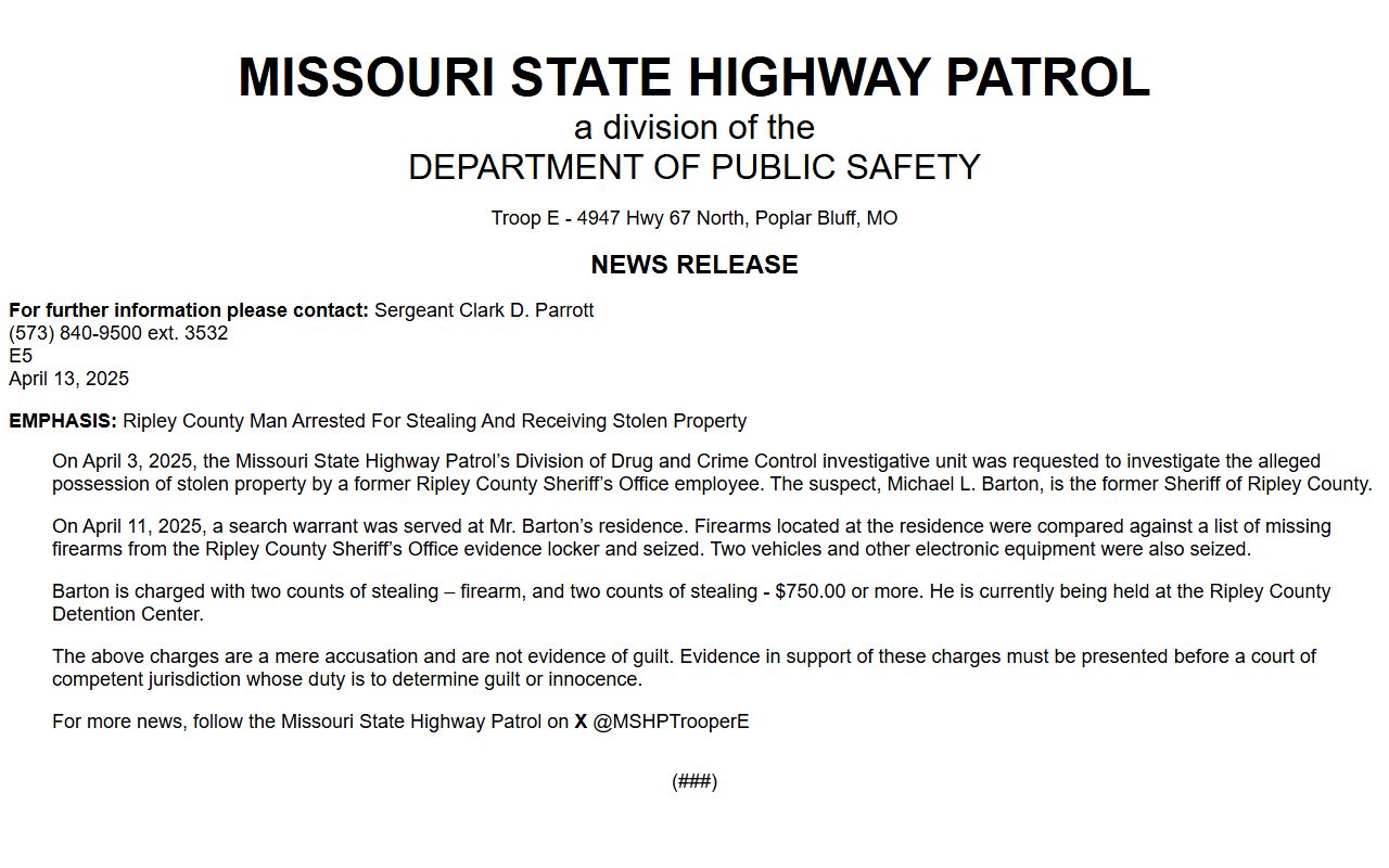 Ripley County court charges after arrest MSHP investigation source