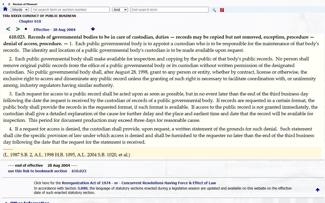 Ripley County court records Missouri custodian response statute source