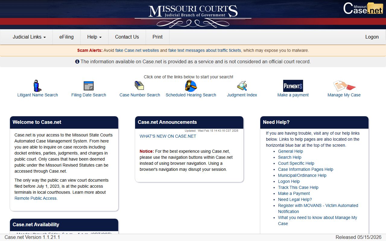 Ripley County court records Case.net search page