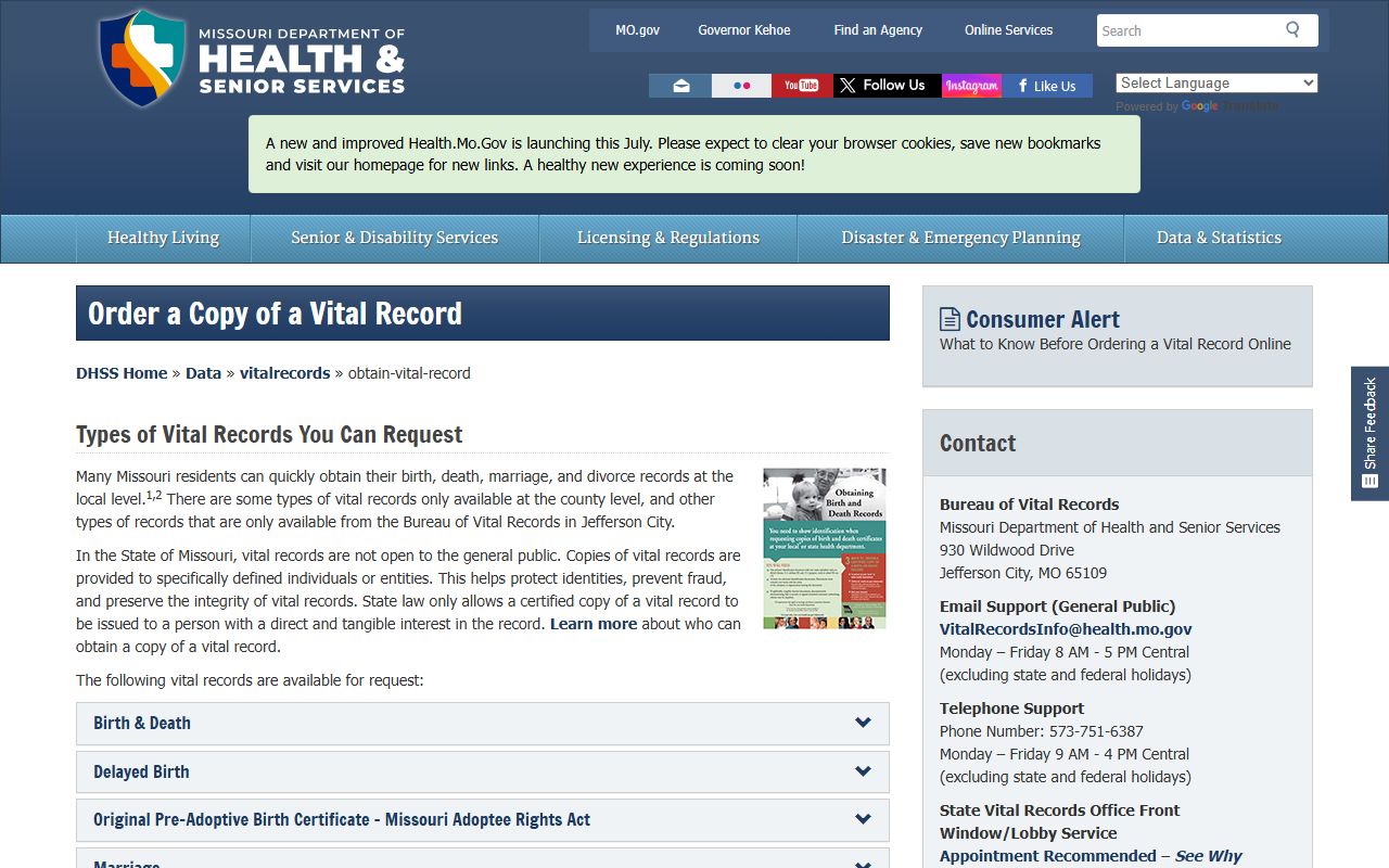 Ripley County marriage and divorce records DHSS vital-record copy instructions
