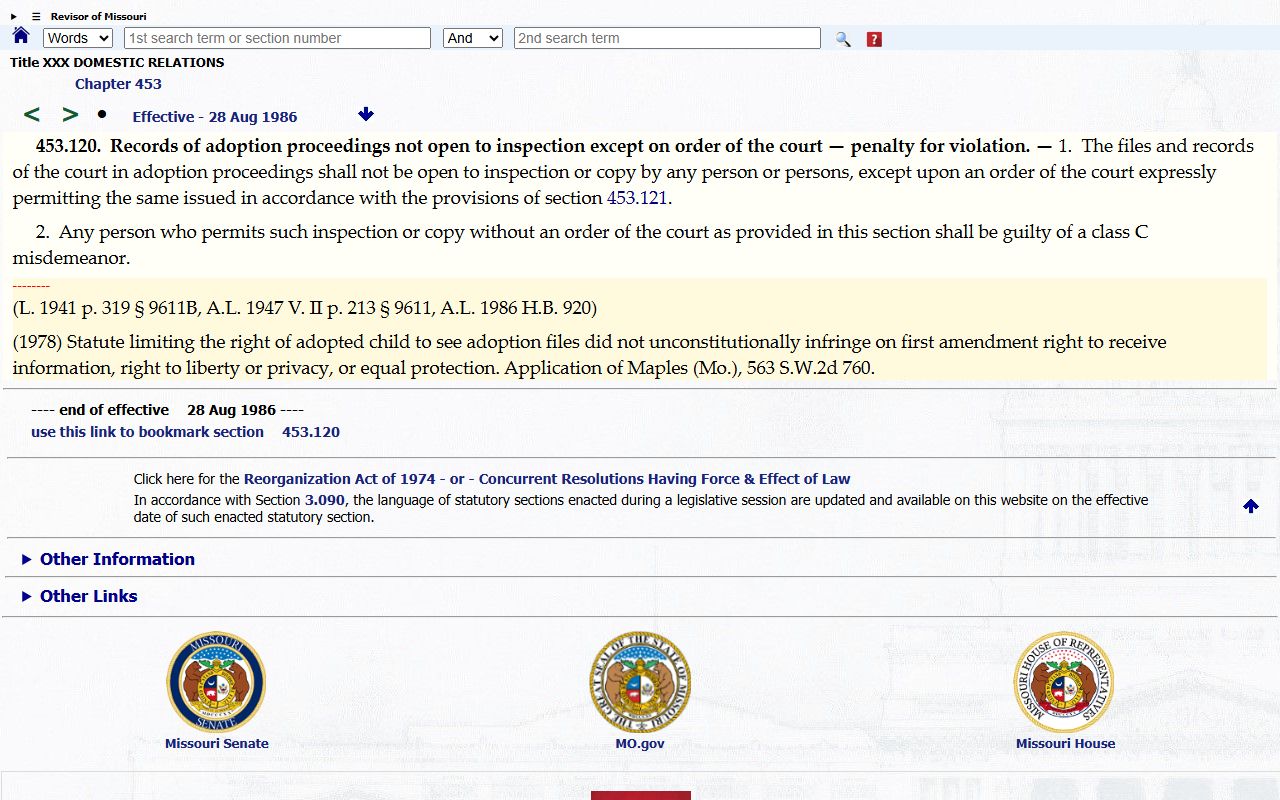 Ripley County probate records Missouri adoption record inspection limits
