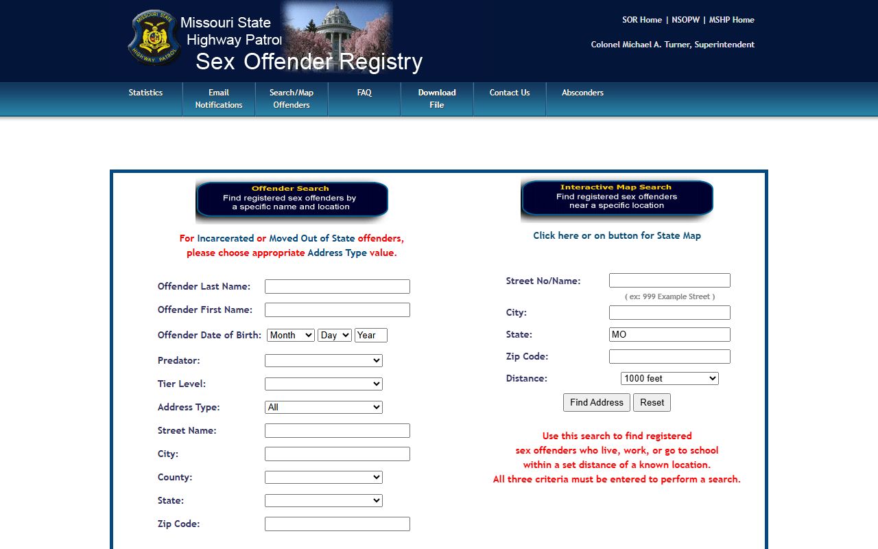 Ripley County warrant search MSHP sex offender registry form fields